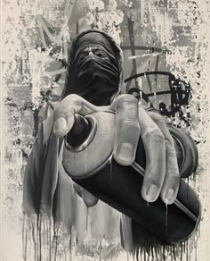 a black and white painting of a man holding a blow dryer in his hand