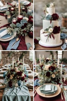 wedding cake with flowers and greenery on the top, surrounded by candles and place settings