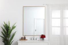 a white bathroom with a large mirror on the wall and a potted plant next to it