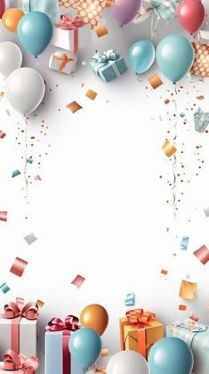 balloons, gifts and confetti on a white background