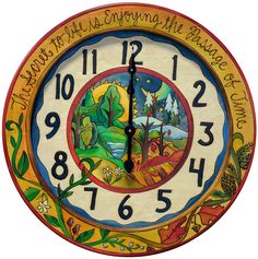 24 Round Wall Clock – Colorful clock in a four seasons design with a landscape in the center and coordinating vine resting on the bottom edge Ceramic Clocks Pottery Handmade, Ceramic Wall Clocks Pottery Handmade, Tree Rounds Clock, Clock Ceramic Handmade, Forest Clocks, Sticks Furniture, Handmade Clocks, Diy Rainbow, Pottery Handbuilding