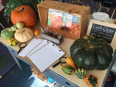 pumpkins and gourds are sitting on a table