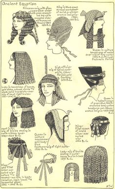 an old book with pictures of egyptian hats and headdresses in black ink