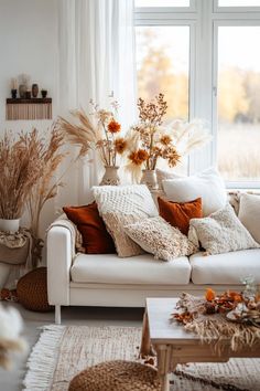 a living room filled with white furniture and lots of pillows on top of the couch