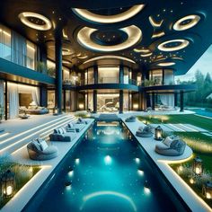 an indoor swimming pool in the middle of a large house