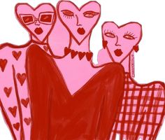 an image of three women with hearts on their faces in red and pink colors, one woman has her arms around the other's shoulders