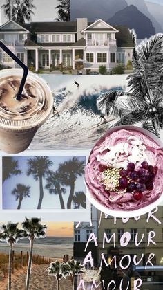 the collage has pictures of houses, palm trees, and a drink in it