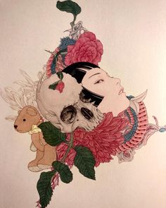 a drawing of a woman with flowers on her head and a skull in the foreground