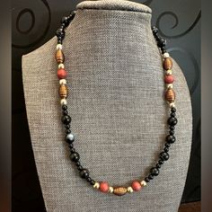 It Make A Memorable Impression With This One Of A Kind Jewelry. Colorful, Chic, Elegant, High Quality Stylish, Modern Jewelry . Handmade 18” Men Necklace With Semi Precious Gemstones Black Striped Agate, Black Onyx 6mm, Wood Beads,Vintage Light Gold Color Beads And Lobster Clasp. Orange Necklace With Black Beads For Gift, Black Single Strand Necklace For Gift, Gift Necklace With Orange And Black Beads, Adjustable Orange Necklaces With Black Beads, Black Necklaces With Unique Variations As Gifts, Black Necklace With Unique Variations For Gift, Adjustable Orange Necklace With Black Beads, Mens Beaded Necklaces, Bullet Necklace