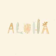 the word aloha is made up of different types of surfboards and palm trees