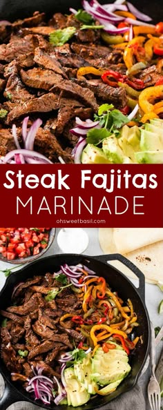 steak fajitas marinade in a cast iron skillet with red onions and peppers