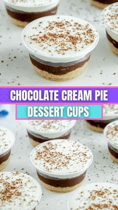 chocolate cream pie dessert cups with white frosting and sprinkles on top