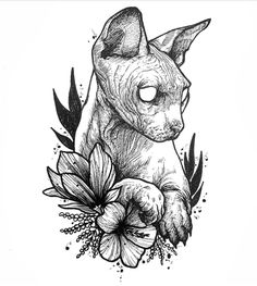 an ink drawing of a dog with flowers