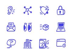 the icons are drawn in blue ink and have different shapes, sizes, and colors