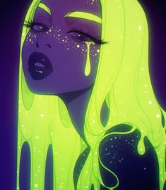 a woman with yellow hair and blue eyes is wearing neon green liquid on her face