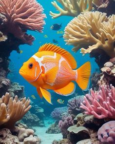 an orange fish is swimming among corals and other marine life on the ocean floor