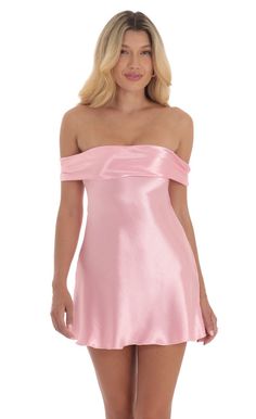 Satin Off Shoulder Dress in Pink | LUCY IN THE SKY Satin Off Shoulder Dress, Spring Formal Dresses Short, Pink Hoco Dress, Recruitment Dresses, 8th Grade Dance Dresses, Satin Hoco Dress, Lucy In The Sky Dress, Sadies Dress, Satin Halter Dress