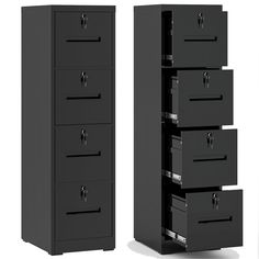 two tall black filing cabinets next to each other on a white background, one with drawers and the other without doors