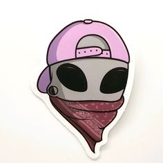 a sticker with an alien wearing a pink hat and bandanna around it's neck