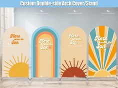 three surfboards with the words custom double - sided arch cover stand in front of them