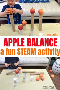 STEAM fall balance activity for kids Using Apples, Apple Lessons, Preschool Fall, Apple Preschool, Preschool Stem, Fall Preschool Activities