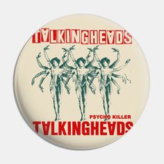 a button with three women dancing on the front and back of it, in red ink