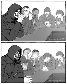 two comics with people sitting at a table and one is talking on the phone while another man