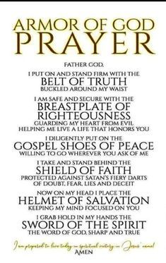 the armor of god's prayer with gold lettering on white paper and black ink