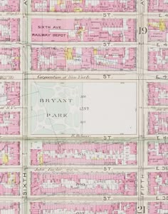 an old map of the city of new york, with pink and yellow lines on it