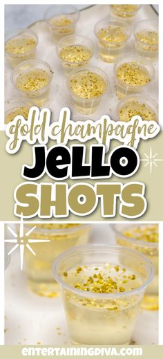 jello shots in plastic cups with gold sprinkles on the top and bottom