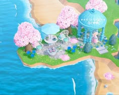 an animated image of a small island in the water with flowers and umbrellas on it