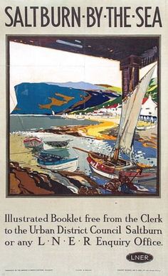 an old poster with boats on the water in front of a bridge that reads,'salisbury by the sea illustrated booklet free from the clerk to the urban district council