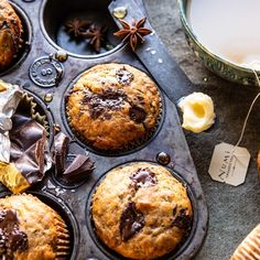 chocolate chip muffins in a muffin tin