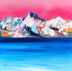 an abstract painting of mountains in the distance with water and pink sky behind them,