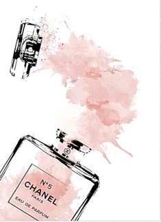 chanel no 5 perfume bottle with pink paint splattered on it and the spray is