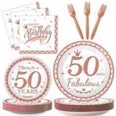 a set of 50th birthday party supplies including plates, forks and napkins