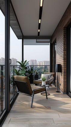 an empty balcony with chairs and plants on it