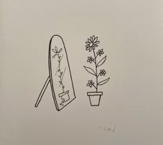 a drawing of a mirror and flower pot