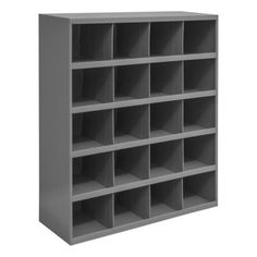 a gray bookcase with twelve compartments