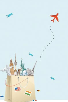 an airplane flying over the top of a paper bag filled with travel related items and symbols