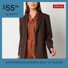 This tailored Worthington women's blazer is a must-have transitional piece for your work wardrobe to wear with pants or jeans for a casual look. Made from a smooth stretch-woven fabric, its single-breasted design is fully lined and cut for a regular-fit with notch lapels and front flap pockets. Front Style: Single BreastedClosure Type: ButtonFit: Regular FitPockets: 2 Front Flap PocketsSleeve Length: Long SleeveApparel Length: 32 InchesFiber Content: 68% Polyester, 30% Rayon, 2% SpandexFabric D… Fitted Blazer, T Shirt And Jeans, Work Wardrobe, Front Design, Layering Pieces, Casual Looks, Women's Blazer, Blazer, Wardrobe