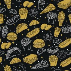 a black and yellow background with different types of fast food