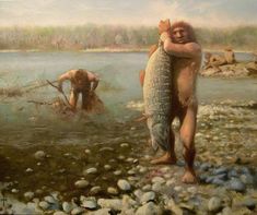 a painting of two men in the water with a large fish on their back and one holding another man's arm