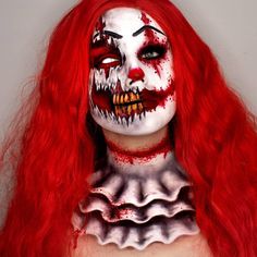 Halloween Makeup With Red Hair, Scary Clown Makeup Creepy, Horror Clown Makeup, Halloween Scary Makeup, Halloween Make Up Tutorial, Halloween Makeup Terror, Evil Clown Makeup, Scary Halloween Makeup