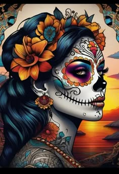 a woman with flowers in her hair and day of the dead make up on her face