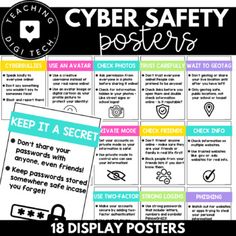 18 cyber safety posters that cover many different aspects of internet safety and being safe online. These posters are suitable for for primary and elementary aged students and worded in student friendly language. These internet safety posters cover topics from making safe passwords, reporting cyberbullying, using avatars to protect your identify, waiting to geo-tag locations and more. This cyber safety information technology poster set is the perfect addition to your elementary computer lab!Blac Internet Safety Poster, Computer Lab Posters, Computer Lab Decor, Elementary Computer Lab, Safety Poster, First Day Activities, Technology Posters, Safety Posters, Internet Safety