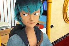 an animated image of a person with blue hair standing in front of a wall clock