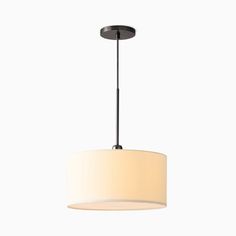 a light fixture hanging from the ceiling with a white shade on it's side