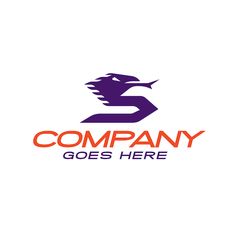 a dragon logo with the words company goes here in red and purple colors on a white background