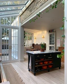 a kitchen with an island in the middle and lots of plants growing on top of it